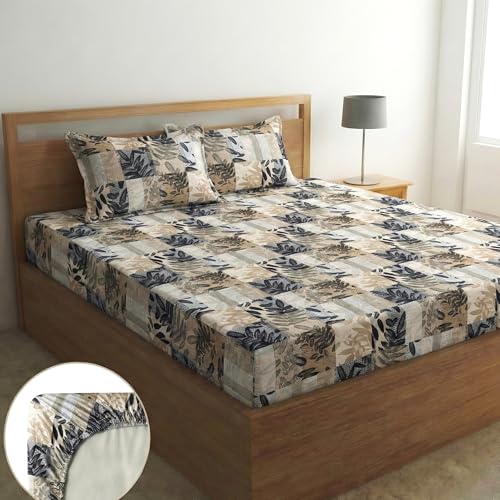 Image of Fashion String Microfibre 144TC Graphic Leaf Collage Fitted Double (72 X 78) Bedsheet with 2 Pillow Covers