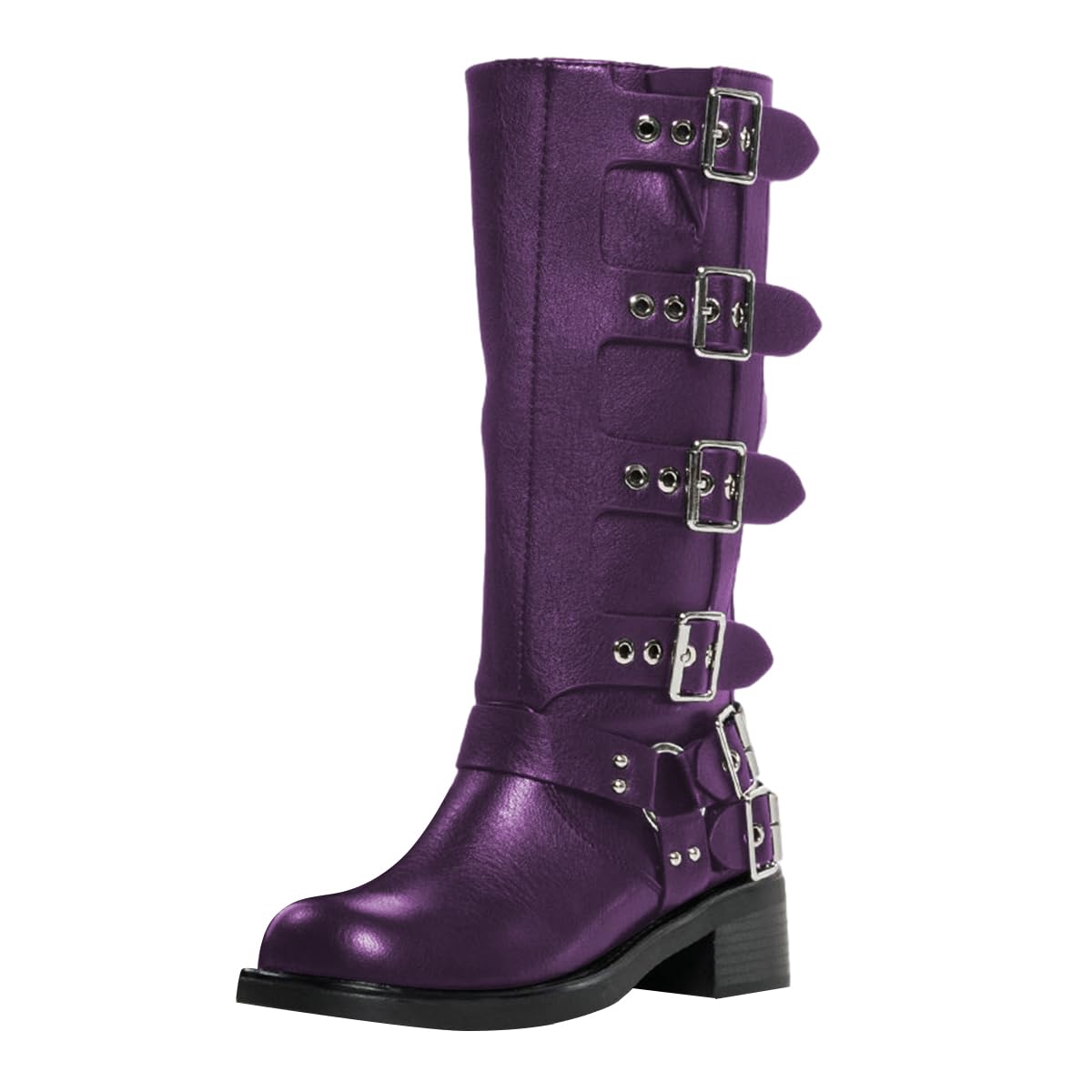 FOWT Women Round Toe Knee High Boots Chunky Low Heel Riding Boots Strappy Buckle Stylish Daily Shoes Size 4-16 US