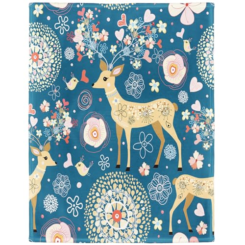 YISUMEI Decke 150x200 cm Kuscheldecken Sanft Flanell Weich Fleecedecke Fabelhaftes Blumen Rotwild Muster