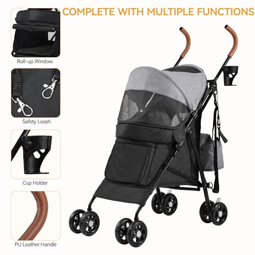 DWVO Hundewagen Hundebuggy für Hunde & Katzen bis 11,3 kg, Faltbar klappbar, Haustiere Buggy mit Kissen, Aufbewahrungskorb, Haustier-Kinderwagen 45x80x103cm, Katzenwagen (Grau Schwarz)