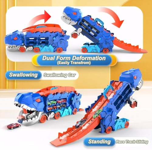 Image of PLUSPOINT Big Dinosaur Track Toy, with Foldable Sliding Race Track,Transformable Into Standing Dinosaur Transporter City with 6 car Toddler Toys Gifts for Kids Ages 3+Years Old