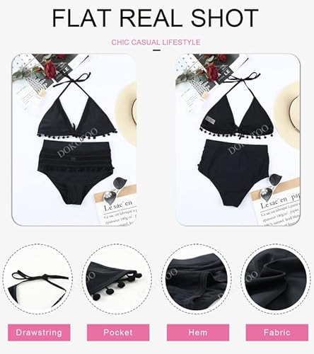 Dokotoo Womens Ladies Beach Athletic Vintage Cute High Waist Halter Padded Two Pieces Fashion Bikini Top Set Solid Bathing Suit Swimsuit Swimwear With Mesh Bottoms Medium A Black #TOP2