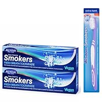 Beauty Formulas Active Smokers Toothpaste 100ml x2 + Toothbrush, Whitening Toothpaste for Smokers, Stain Removal, Fresh Breath, Fluoride Anti-Cavity Toothpaste Pack