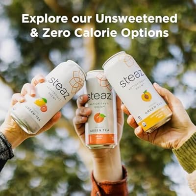 Steaz - Organic Green Tea - Blueberry Pomegranate (12 Pack) - Antioxidant Brew - 65mg Natural Caffeine, 90 Calories, Vitamin C - Cane Sugar Sweetened Iced Tea - Vegan - 12 Cans, 16 fl oz (473mL)