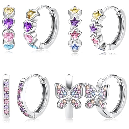 925 Sterling Silver Post Small Hoop Earrings For Girls - Hypoallergenic Huggie Earrings for Women Cute Heart Flowers Butterfly Star Cubic Zirconia Cartilage Earrings For Sensitive Ears 4Pairs