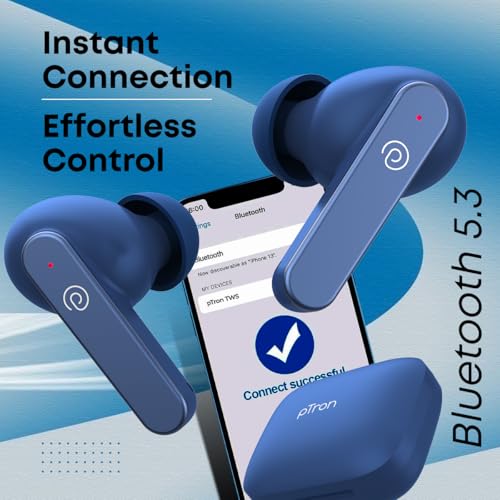 Image of pTron Bassbuds Gomax in-Ear TWS Earbuds, HD Mic & TruTalk AI-ENC Calls, 36H Playtime, 13mm Drivers, Bluetooth 5.3 Wireless Headphones, Voice Assist, Type-C Fast Charging & IPX5 Water Resistant (Blue)