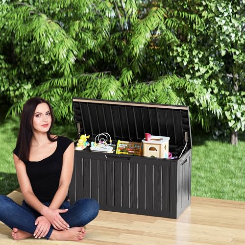 ROJIK Outdoor Storage Housing Deck Box - Waterproof Patio Furniture, Garden Tools, Cushions, Pool Accessories Storage Bench with Lockable Lid and Side Handles (Black 80 Gal) - Thumbnail 2