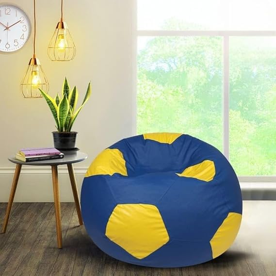 Faux Leather Double Colour Football Print Round Shape Bean Bag Cover Without Beans for Office/Home/Bedroom/Livingroom 4XL (Blue with Yellow)-image-22