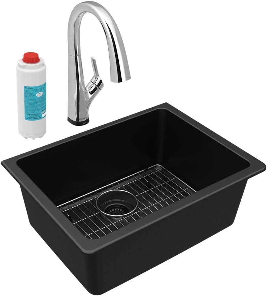 Elkay Quartz Classic 24-5/8" x 18-1/2" x 9-1/2" Single Bowl Undermount Sink Kit with Filtered Faucet Black