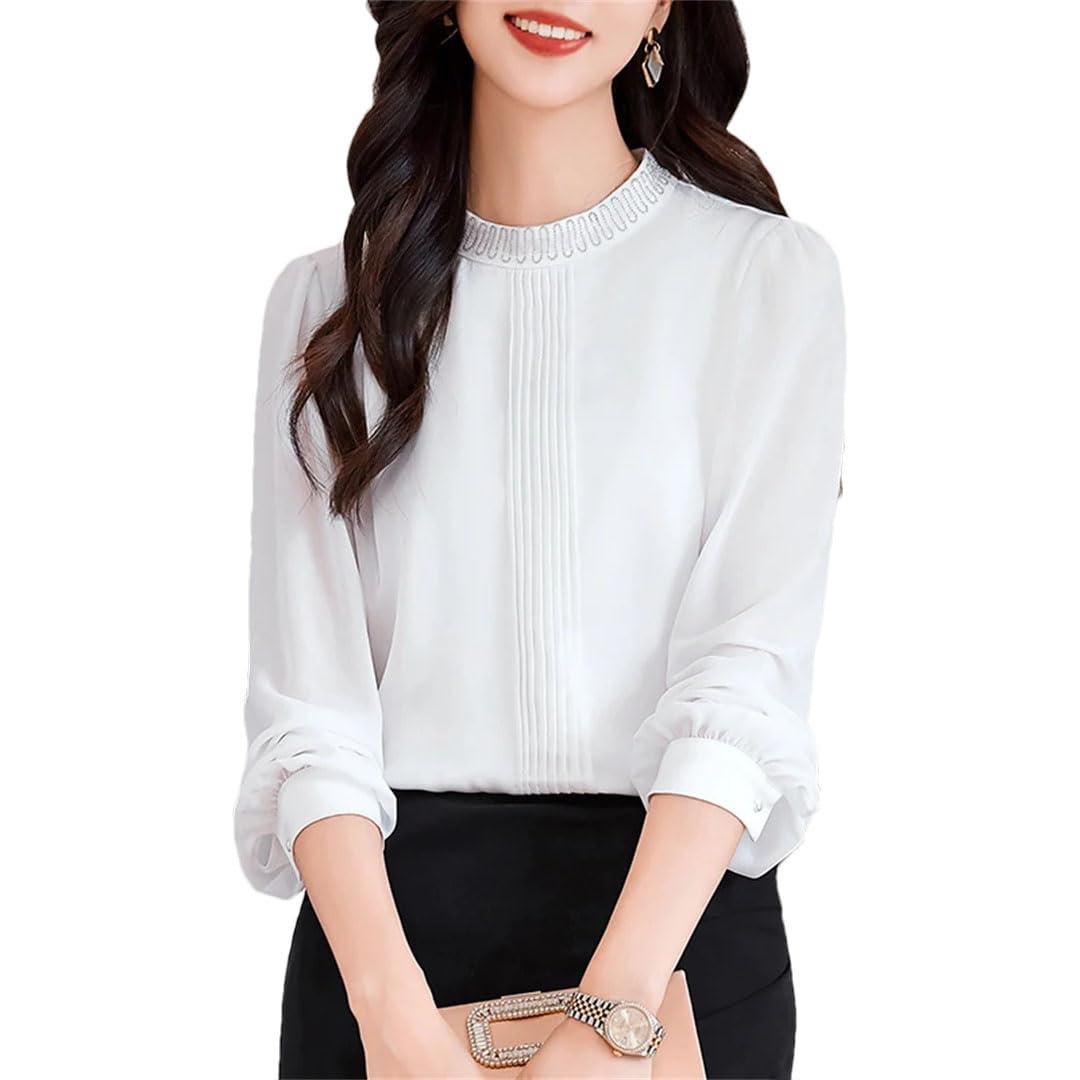 Blusa de manga larga para mujer, cuello alto, plisada, para oficina, para viajeros