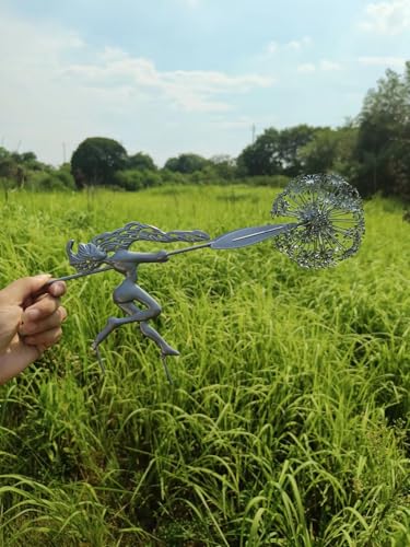 Fcteap Flower Fairy Dancing with Dandelion Garden Art Sculpture Stainless Steel Statue Christmas Halloween Decoration for Outdoor Yard Courtyard Lawn Patio Metal Ornaments (Wave) - Thumbnail 5