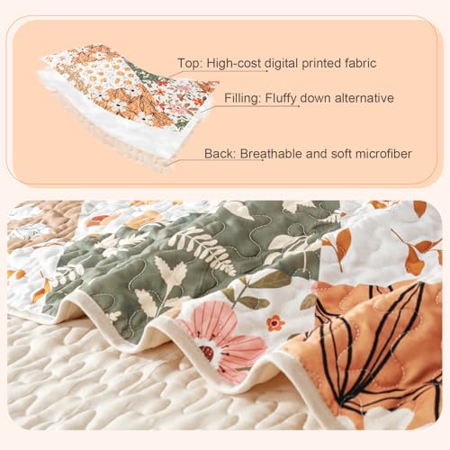 Whale Flotilla Reversible Patchwork Quilts Twin Size, Lightweight Boho Printed Bedspreads Coverlets Quilt Bedding Set with 1 Pillow Shams for All Seasons, Orange