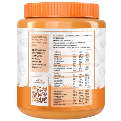 Image of Growfitz Natural Peanut Butter Crunchy 26g, 800 Gram, Pack of 1 | Unsweetened | High Protein | Nut Butter Spread-Workout Snacks | No Sugar, Cholesterol Free, Multi-Vitamins & Boost Muscles (Crunchy)