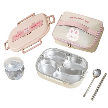 Little Surprise Box Big Size Stainless Steel Lunch Box/Tiffin with Insulated Matching Lunch Bag for Kids and Adults, Pink Rabbit