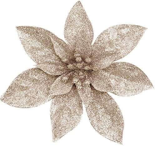 Yueshop 10 Pcs Glitter Christmas Flowers with Artificial Poinsettia Flower Christmas Tree Flower Decorations Xmas Tree Ornaments (White, 9CM)