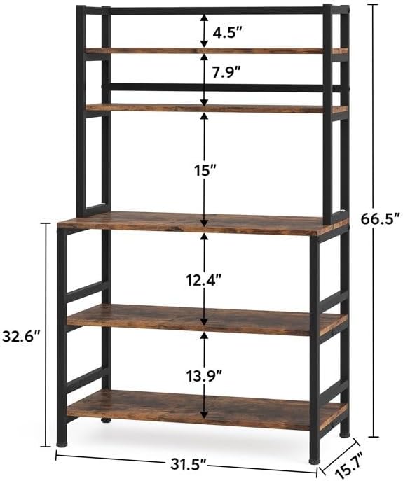 6-Tier Bakers Rack with, Microwave Stand for Kitchen Storage with Hooks, Adjustable Feet, Storage Shelves for Kitchen Dining Living Room,66.5'' H X 31.5'' W X 15.7'' D. (Brown)