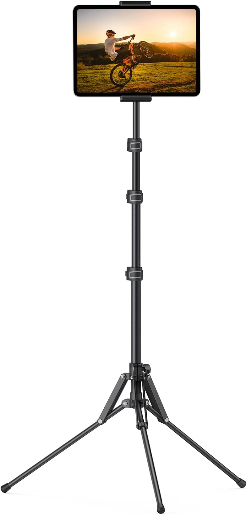 Tablet Floor Tripod Stand - 64.9" Tablet Holder Mount with Adjustable Height for Stream/Watching, for iPad Pro 12.9, Mini, Air, iPhone and 4.7-13" Tablet and Cellphone