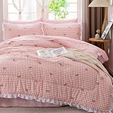NTBED Gingham Kids Comforter Set for Girls,Plaid Farmhouse Ruffled Bedding Sets,Full Size 5 Pieces Checkered Bow Bed in a Bag(Pink)