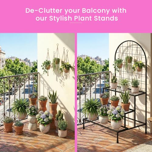 Image of Garden Genie Vertical Metal Plant Stand | Heavy Duty Multi Tier Plant Stand for Home & Garden | Flower Pot Stand for Indoor Plants | Plant Stands for Outdoor Balcony | Black