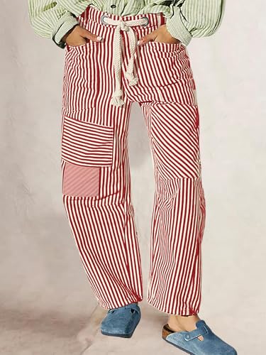 Women Y2K Striped Wide Leg Jeans Drawstring Elastic Waist Straight Wide Leg Loose Fit Boyfriend Jeans2