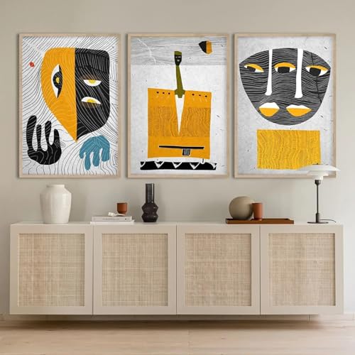 Peinture femme africaine noir blanc jaune décoration scandinave