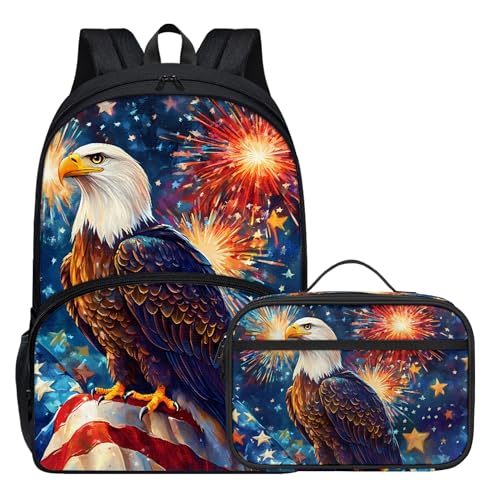Boys 17 Inch School Backpack with Lunch Box Elementary Student Patriotic American Flag Bald Eagle Backpack and Lunch Bag Set for Boys Comfy Padded Back Lightweight Animal Bookbag2