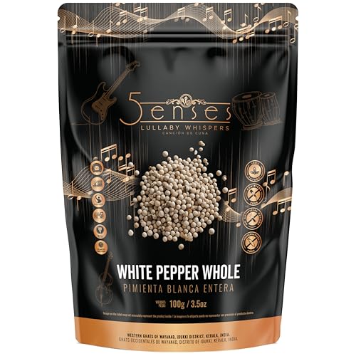 5Senses Whole White Pepper, Malabar Single Origin Peppercorns 100 g/3.5 Oz