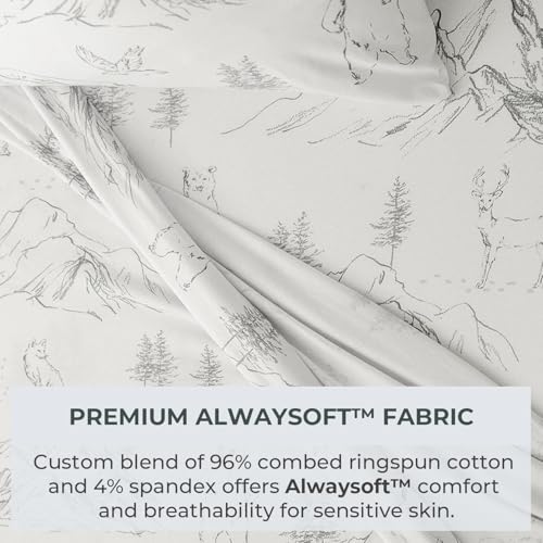 Image of Pobibaby Premium Twin Full Sheets Sets, Kids Double Bed Sheets in Cotton Blend | Ultra-Soft Woodland Camping Print with Fitted Sheet, Flat Sheet & Pillowcases (Twin Explore Monochrome)