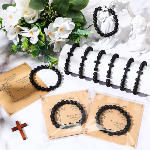 Highergo 12 Sets Christian Cross Beaded Bracelets for Men Women Natural Stone Bead Religious Inspirational Bracelet Pastor Church Gift3