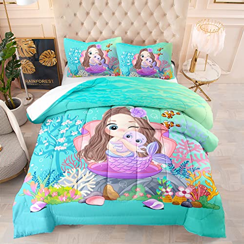 XYNHML Mermaid Comforter Set Twin Size Fairy Tale Sea Shell Grass Bedding Set Fish Quilt Bed Set for Kid Girls with 1 Comforter and 2 Pillowcases