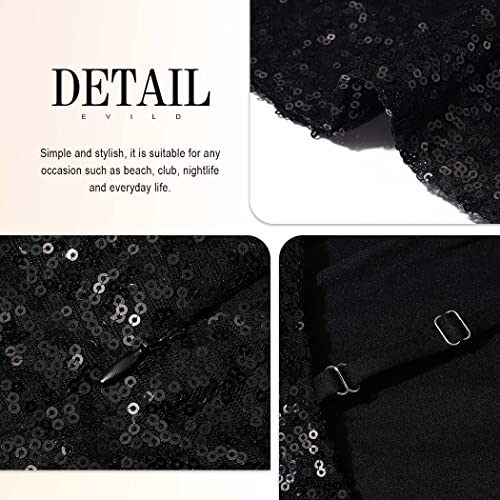 Evild Spaghetti Strap Sequins Bodycon Dress Elastic Sparky Adjustable Cami Dress Sexy Party Sleeveless Cocktail Mini Dress Black #TOP3