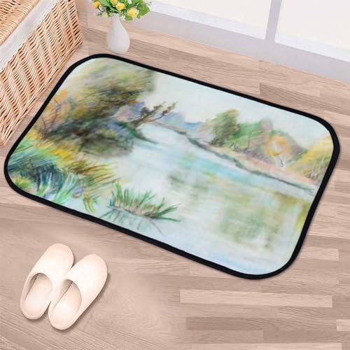 Nuansexi Bathroom Rugs River Landscape Oil Pastel Painting Floor Mats Non Slip Bathmat Doormat Tub Mat Coral Velvet Absorbent Entrance Carpet Mats Machine Washable Bedroom Decor