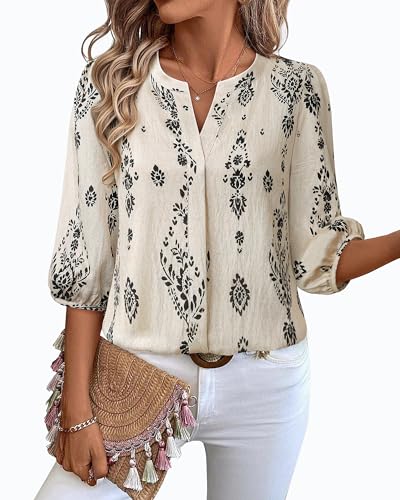 Gaharu Womens Summer Tops 3/4 Puff Sleeve V-Neck Dressy Casual Blouses Boho Floral Shirts3