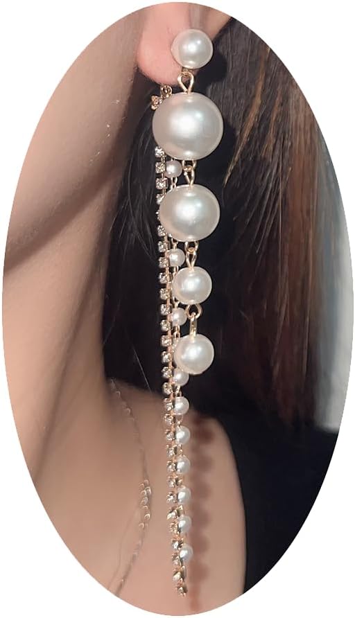 Dainty Boho Pearl Tassel Earrings - Wedding Pearl Chain Earrings for Women