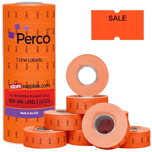 Perco 1 Line Fluorescent Red Sale Labels - 8 Rolls, 1 Sleeve, 8,000 Blank Price and Date Gun Labels for Perco 1 Line Price and Date Guns - Made in USA