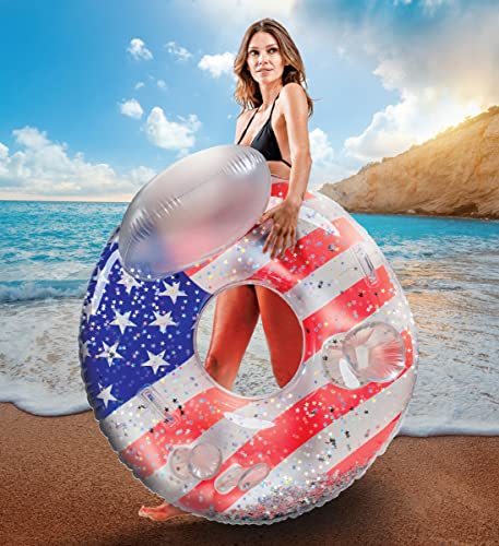 Poza Usa Flag Inflatable Luxury Tube With Back Rest - Big Luxurious Lounger Pool Float Tube Filled With Sparkle Confetti, Built In Phone Holder, Cup Holders, And Handles, Premium Thick Ring - 42 Inch #TOP1