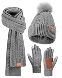 Winter Beanie Hat Scarf Gloves Set for Women, Pom Pom Beanie with Fleece Lined Long Knit Neck Warmer Fingers Touchscreen Gloves, Fashionable Cute Warm 3 in 1 Gift Set for Cold Weather(Gray) -  FISFET
