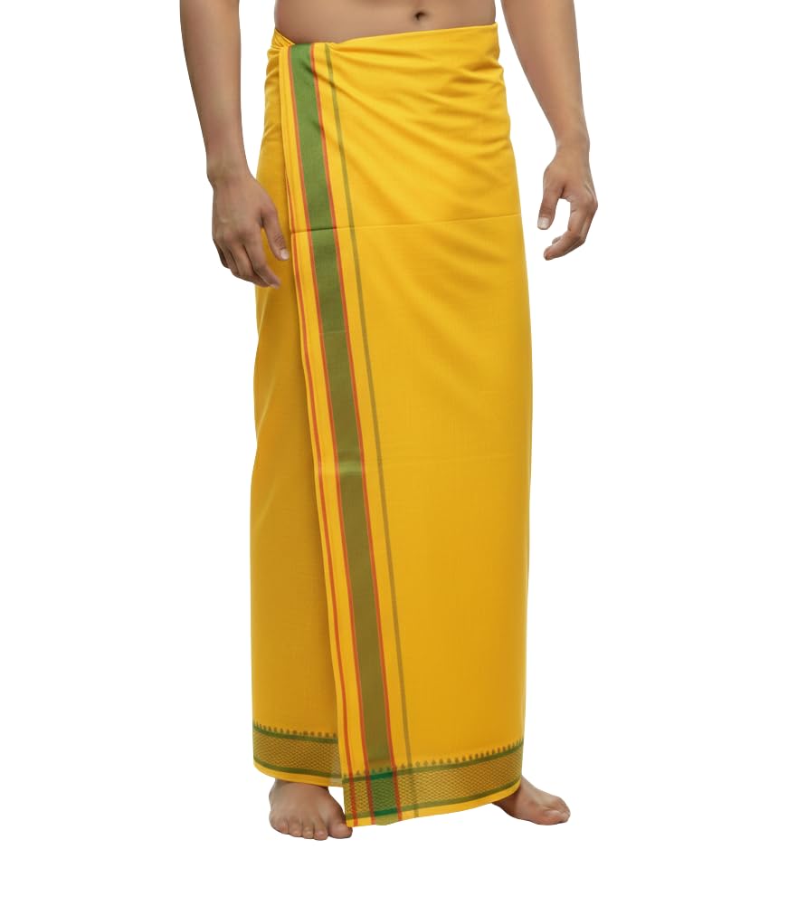 Sharan Elegance 100% Cotton Men's Single Dhoti -2 Mtrs/Mundus/Lungi Green Border Set 1-picture-13