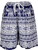 GURU SHOP Leichte Shorts, Kurze Unisex Hose mit Elefanten-Print - Blau, Damen, Synthetisch