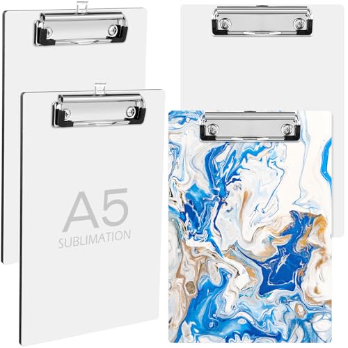 4 Pcs A5 Sublimation Clipboard Blanks, 8.98 x 6.3 Inch MDF Clip Board Standard A5 Letter Size with Low Profile Clip Sublimation Teacher Clipboard Blanks Office Supplies for DIY and Custom Design Work