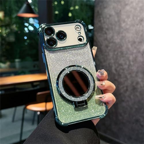 グリッタークリアミラーブラケットケース iPhone 17 16 15 14 13 12 Pro Max 17 Air 14 15 16 Plus レンズ保護 耐衝撃カバー マウンテングリーン iPhone 17 Pro Max用