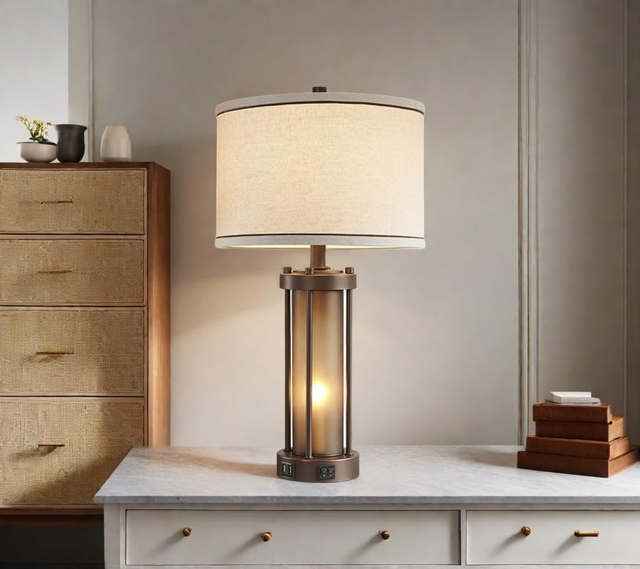 Miniatura 9 de RORIA Lámparas de mesa de granja para sala de estar con 2 puertos de carga USB, lámpara de mesita de noche rústica vintage con luz nocturna de