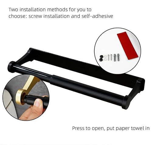 Paper Towel Holder - Self-Adhesive or Drilling, Black, Wall Mounted, Kitchen Roll Dispenser Under Cabinet or Inside Cabinet