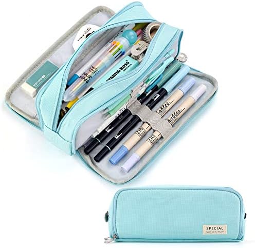 CICIMELON Pencil Case Large Capacity Pencil Pouch 3 Compartments Pencil Bag Gift for Students Girls Adults Women (Light Blue)