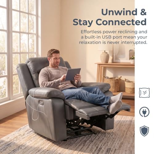 Image of Leather Manual Recliner Chair with USB Port for Home, Deep Grey