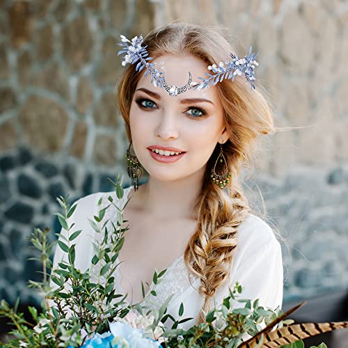 Mostory Handmade Wedding Moon Crown For Bridal Rhinestone Pearl Floral Headband Misty Blue Branch Headpiece For Women Girls Baby Shower Maternity Mardi Gras Carnival #TOP1