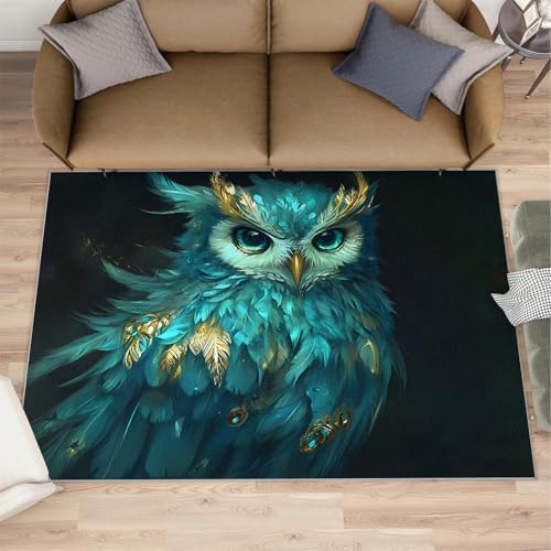 Owl Rugs for Bedroom - 4x6 Rug, Teal Turquoise Feather Area Rugs for Living Room, Nursery Carpet, An