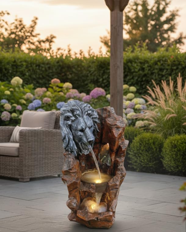 Image of 3.5 Feet Lion Face Water Fountain Stone Colour with Dark Brown Finish | Indoor Tabletop Fountain with LED Light