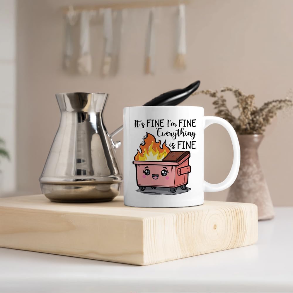 It's Fine Everything is Fine Funny 11oz Double-Sided Red Ceramic Mug, Dumpster Fire Coffee Mug for Women Men, Office Gifts for Colleague Friend, Sarcastic Birthday Gifts for Coworker Employee D - Image 4