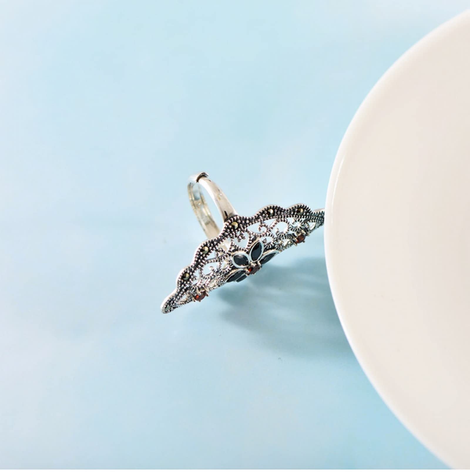 Anello da donna vintage S925 in argento Sterling, argento rosso, anello da donna con zirconi cubici, fiore cavo, regolabile, anello da donna, regalo di compleanno, Réglable, Strass